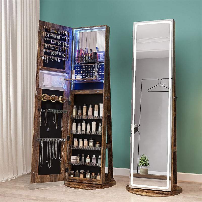 360° Swivel Full Length Mirror Jewelry Armoire 63" H Lockable Standing Jewelry Organizer with 3-Color LED Lighted Mirror & Rear Storage Shelves