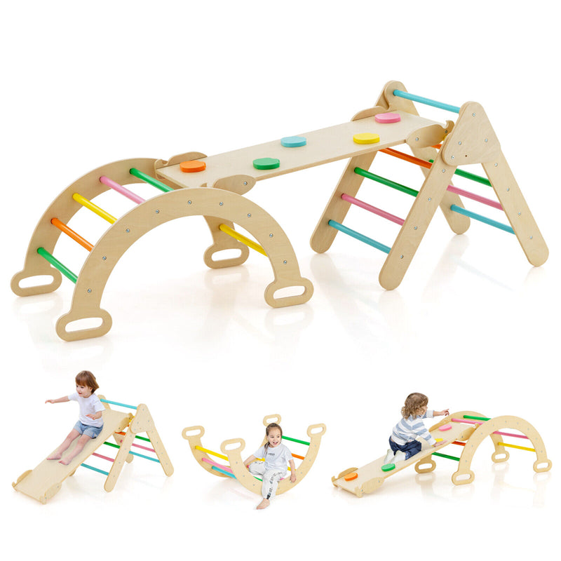 Toddler Climbing Toys 5 in 1 Montessori Wooden Arch Climber Ladder Kids Triangle Climber Play Gym Set with Sliding Ramp