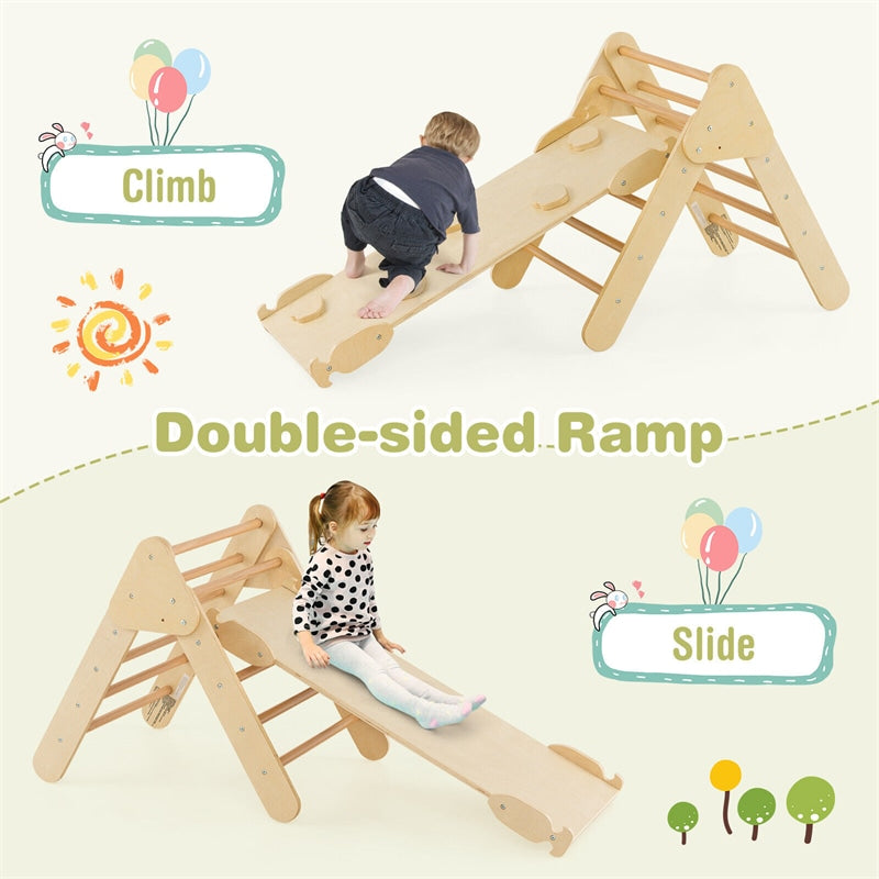 Toddler Climbing Toys 5 in 1 Montessori Wooden Arch Climber Ladder Kids Triangle Climber Play Gym Set with Sliding Ramp