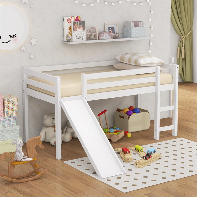 Twin Loft Bed with Slide, Solid Wood Low Loft Bed Twin Loft Bed Frame for Kids Bedroom with Climbing Ladder & Storage Space