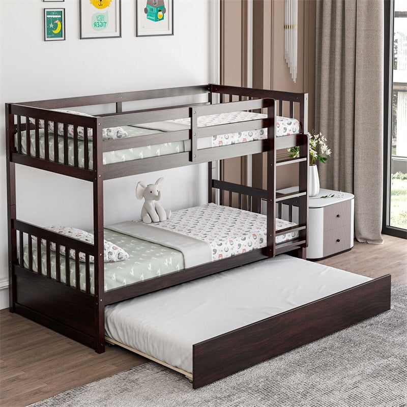 Twin Over Twin Bunk Bed with Twin Trundle, Solid Wood Platform Bed Frame Space-Saving Convertible Bunk Bed with Ladder for Teens & Adults