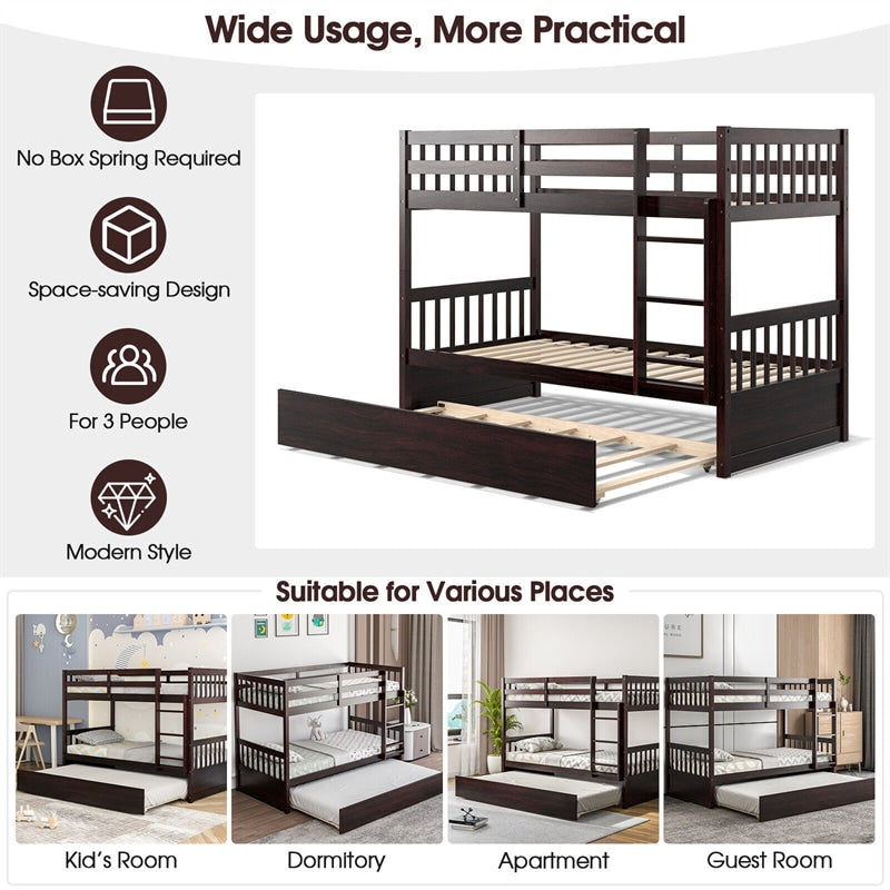 Twin Over Twin Bunk Bed with Twin Trundle, Solid Wood Platform Bed Frame Space-Saving Convertible Bunk Bed with Ladder for Teens & Adults