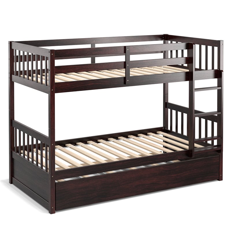 Twin Over Twin Bunk Bed with Twin Trundle, Solid Wood Platform Bed Frame Space-Saving Convertible Bunk Bed with Ladder for Teens & Adults