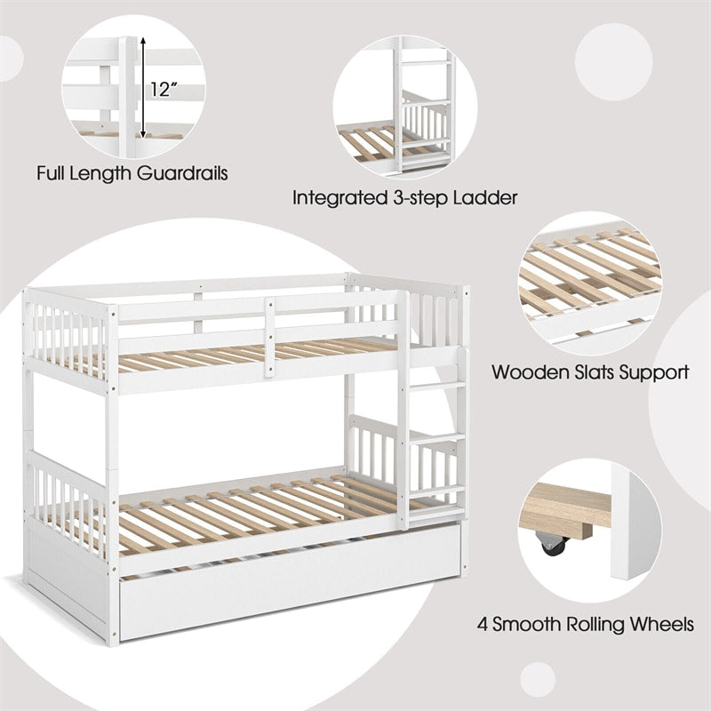 Twin Over Twin Bunk Bed with Twin Trundle, Solid Wood Platform Bed Frame Space-Saving Convertible Bunk Bed with Ladder for Teens & Adults