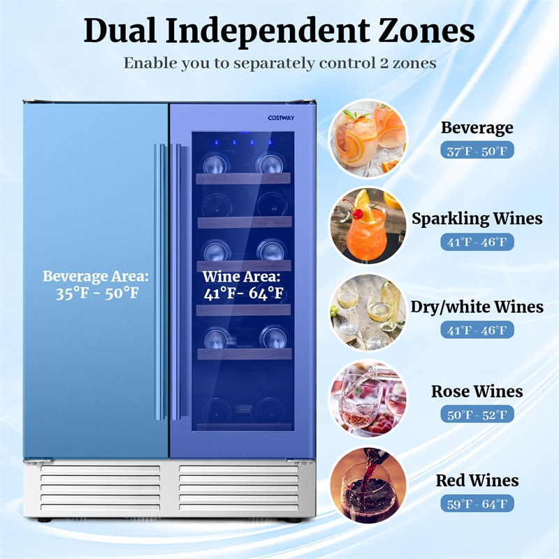 2-in-1 Wine and Beverage Refrigerator 24" Dual Zone Undercounter Wine Beverage Cooler Freestanding Built-in Wine Fridge with Stainless Steel Door