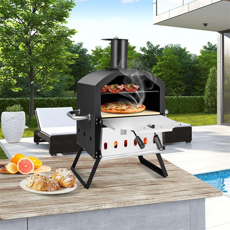 Outdoor 2-Layer Pizza Oven Wood Fired Pizza Oven Grill Pizza Maker with Pizza Stone, Pizza Peel & Removable Cooking Rack