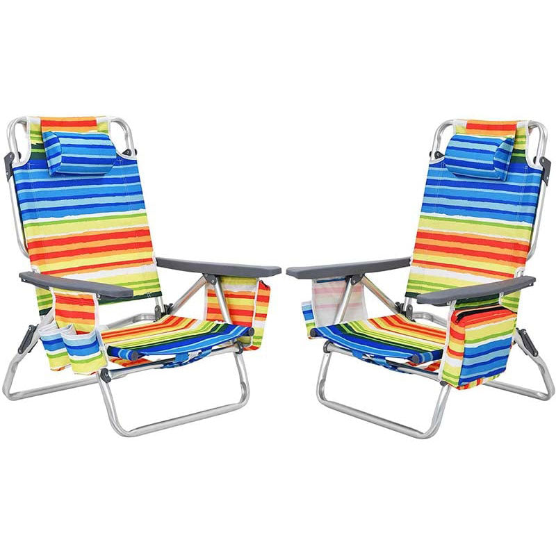 2 Pcs Folding Backpack Beach Chairs 5-Position Adjustable Outdoor Sling Camping Chairs with Cooler Bag & Cup Holder