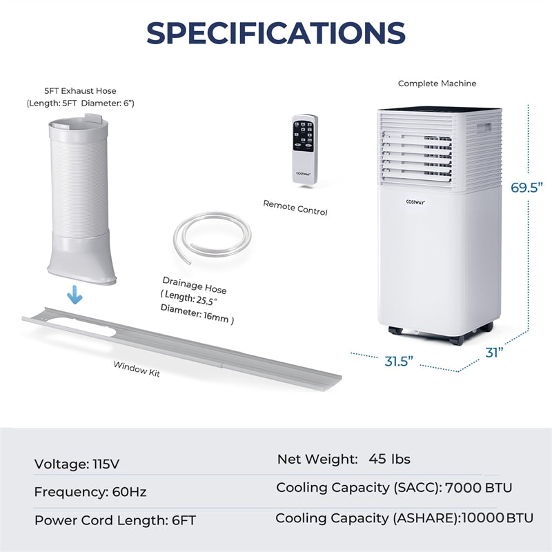 10000 BTU Portable Air Conditioner 4-in-1 AC Unit with Fan Dehumidifier Mode & Remote Control