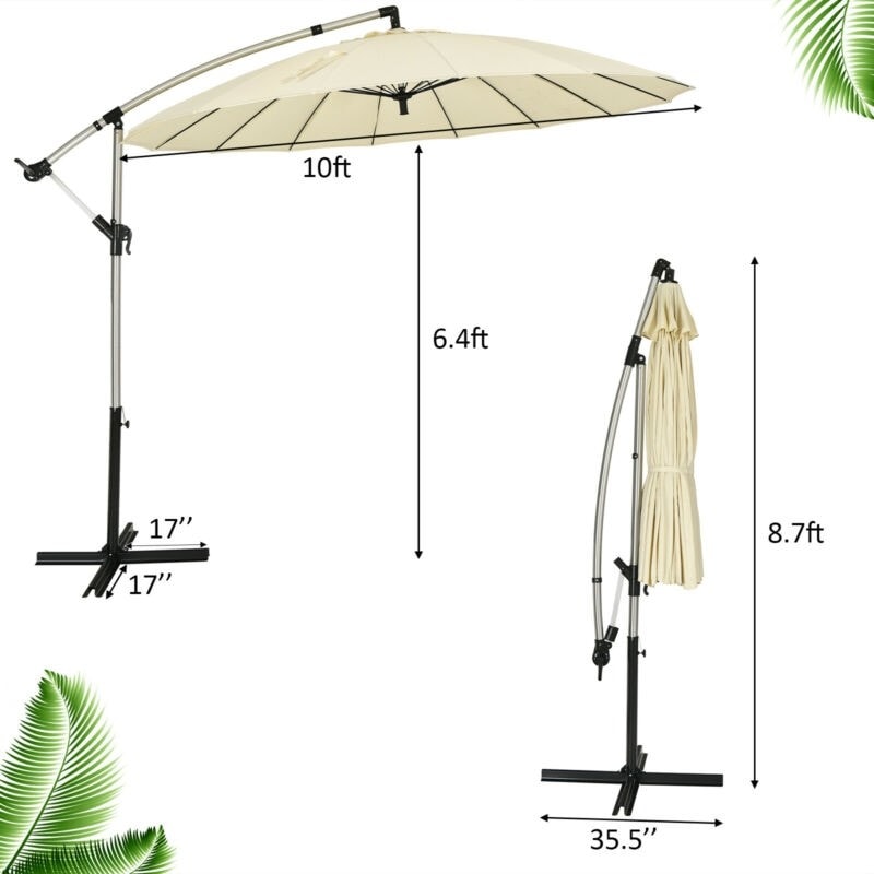 10 Ft Outdoor Patio Offset Umbrella Cantilever Umbrella with Crank & Cross Base