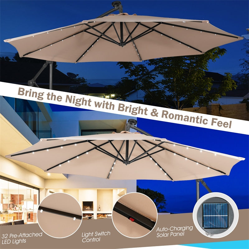 10 Ft Outdoor Cantilever Umbrella Solar Powered Offset Patio Umbrella with 32 LED Lights & Tilting Adjustment