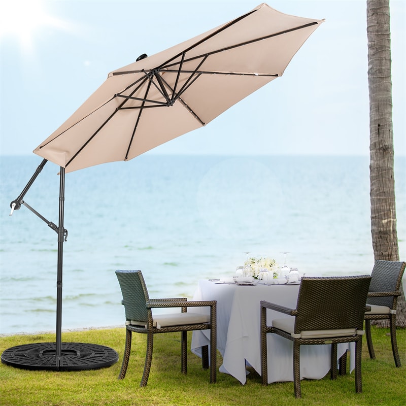 10 Ft Outdoor Cantilever Umbrella Solar Powered Offset Patio Umbrella with 32 LED Lights & Tilting Adjustment