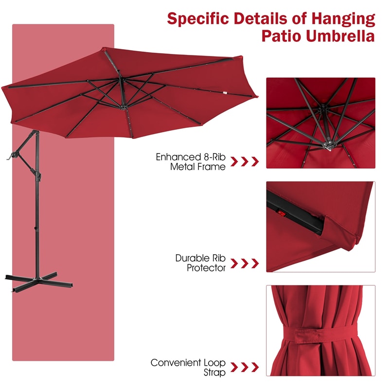 10 Ft Outdoor Cantilever Umbrella Solar Powered Offset Patio Umbrella with 32 LED Lights & Tilting Adjustment