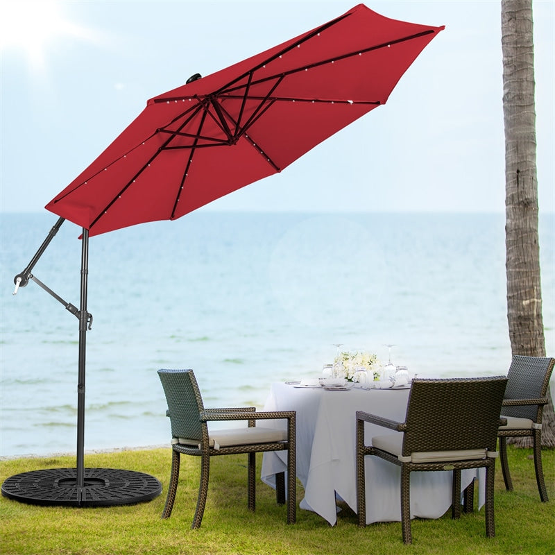 10 Ft Outdoor Cantilever Umbrella Solar Powered Offset Patio Umbrella with 32 LED Lights & Tilting Adjustment