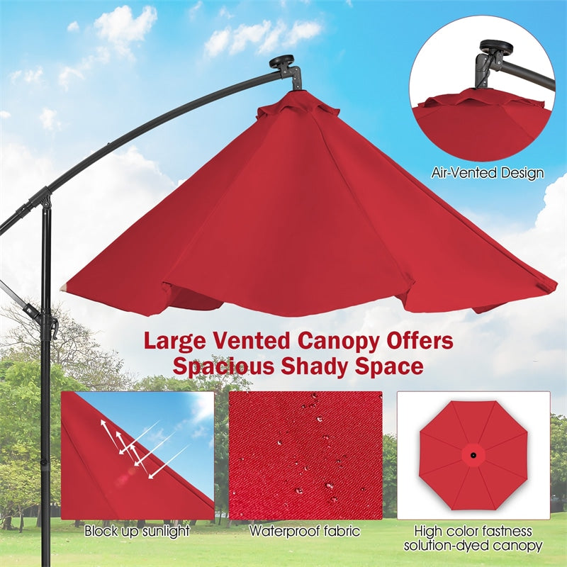 10 Ft Outdoor Cantilever Umbrella Solar Powered Offset Patio Umbrella with 32 LED Lights & Tilting Adjustment