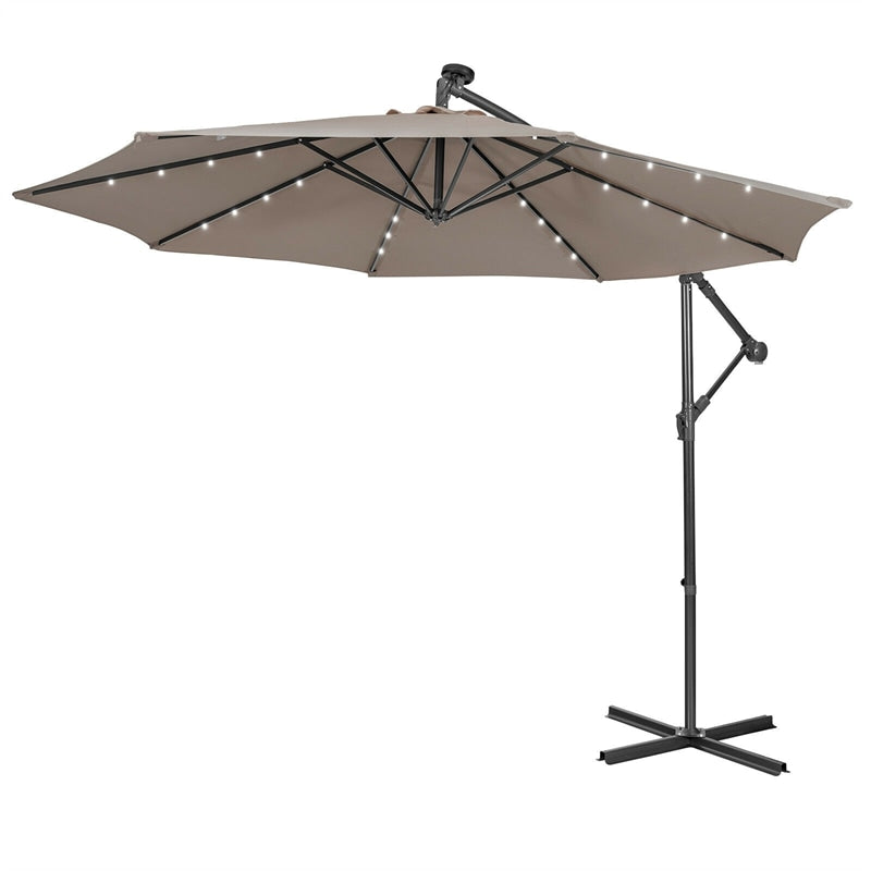 10 Ft Outdoor Cantilever Umbrella Solar Powered Offset Patio Umbrella with 32 LED Lights & Tilting Adjustment