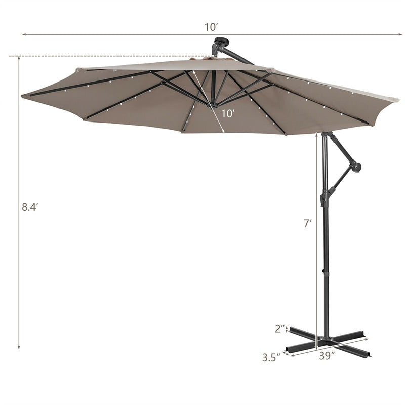 10 Ft Outdoor Cantilever Umbrella Solar Powered Offset Patio Umbrella with 32 LED Lights & Tilting Adjustment