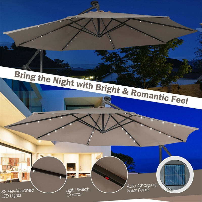 10 Ft Outdoor Cantilever Umbrella Solar Powered Offset Patio Umbrella with 32 LED Lights & Tilting Adjustment