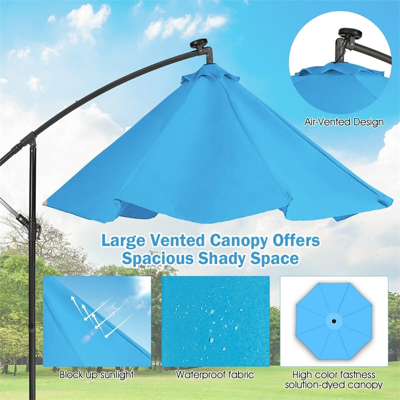 10 Ft Outdoor Cantilever Umbrella Solar Powered Offset Patio Umbrella with 32 LED Lights & Tilting Adjustment