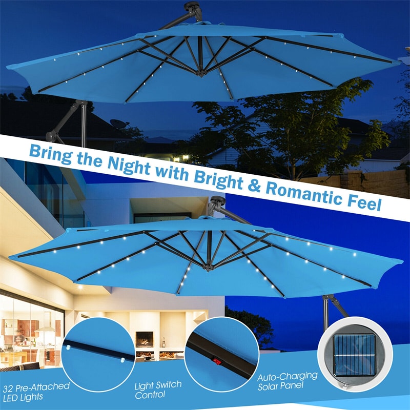 10 Ft Outdoor Cantilever Umbrella Solar Powered Offset Patio Umbrella with 32 LED Lights & Tilting Adjustment