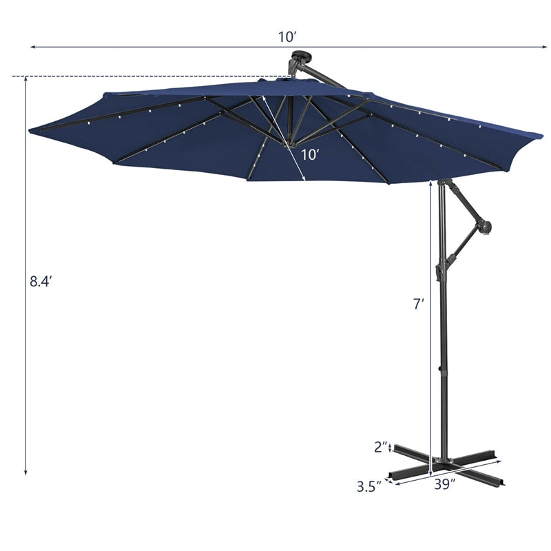 10 Ft Outdoor Cantilever Umbrella Solar Powered Offset Patio Umbrella with 32 LED Lights & Tilting Adjustment