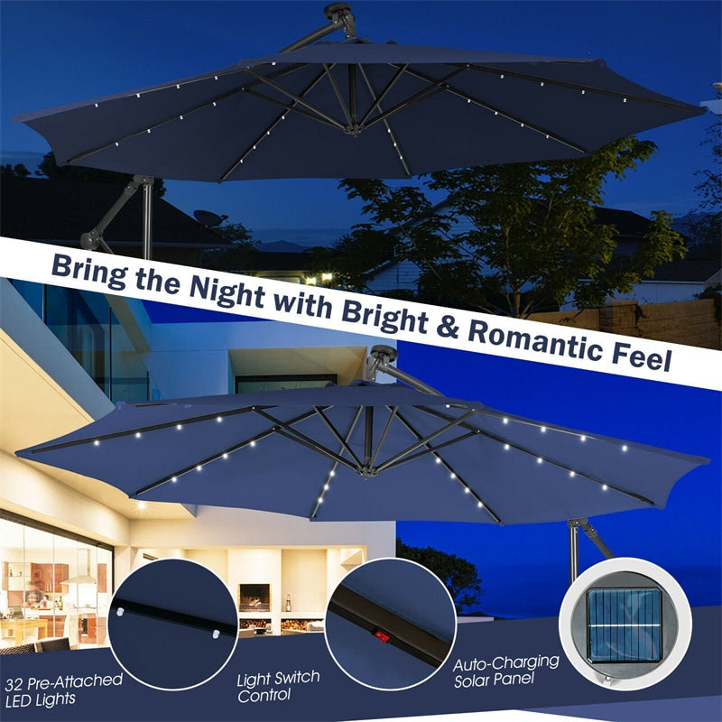 10 Ft Outdoor Cantilever Umbrella Solar Powered Offset Patio Umbrella with 32 LED Lights & Tilting Adjustment