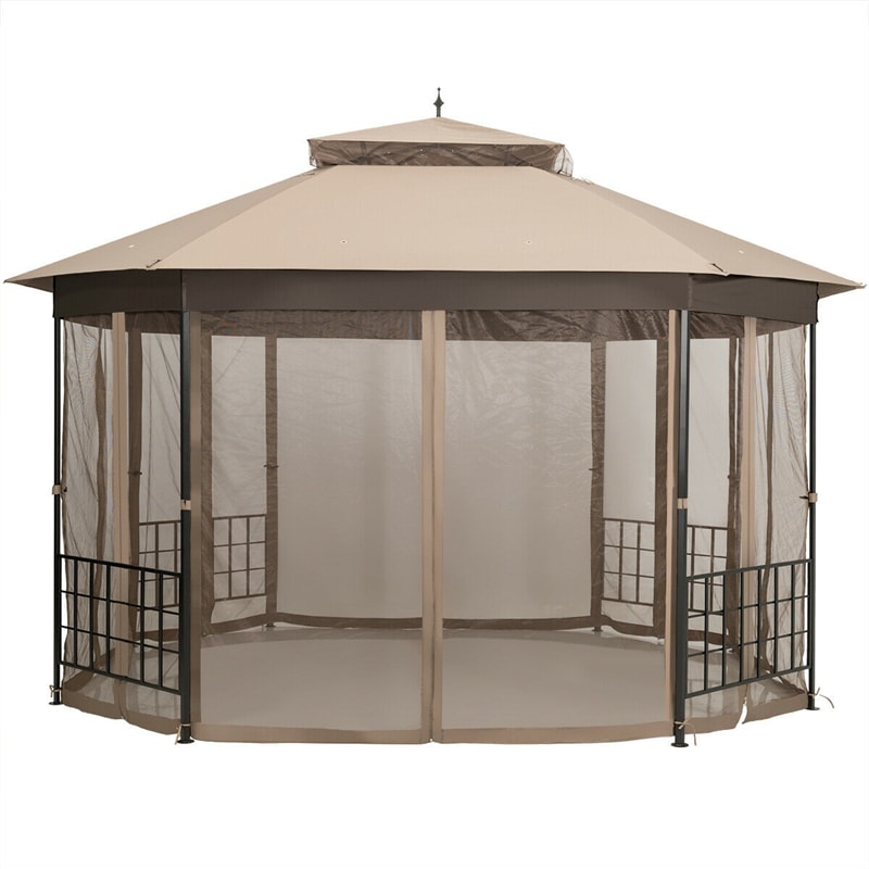 10’ x 12’ Patio Gazebo Canopy Heavy Duty Octagon Outdoor Gazebo with Netting Sidewalls & 2-Tier Ventilated Roof