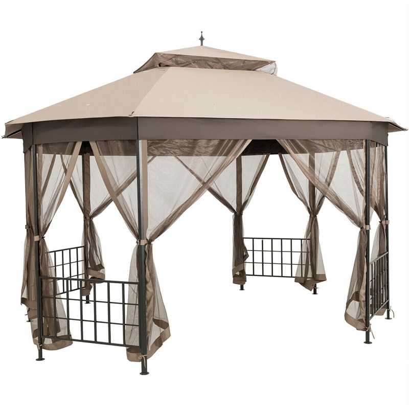 10’ x 12’ Patio Gazebo Canopy Heavy Duty Octagon Outdoor Gazebo with Netting Sidewalls & 2-Tier Ventilated Roof