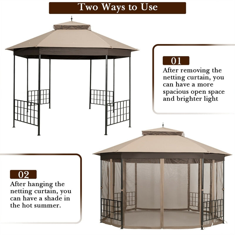 10’ x 12’ Patio Gazebo Canopy Heavy Duty Octagon Outdoor Gazebo with Netting Sidewalls & 2-Tier Ventilated Roof