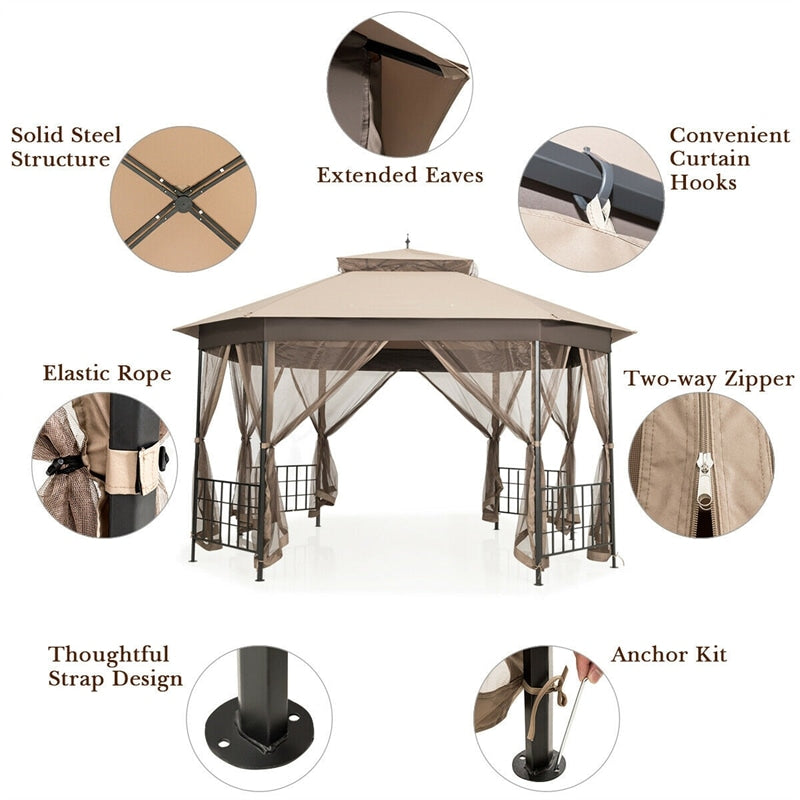 10’ x 12’ Patio Gazebo Canopy Heavy Duty Octagon Outdoor Gazebo with Netting Sidewalls & 2-Tier Ventilated Roof