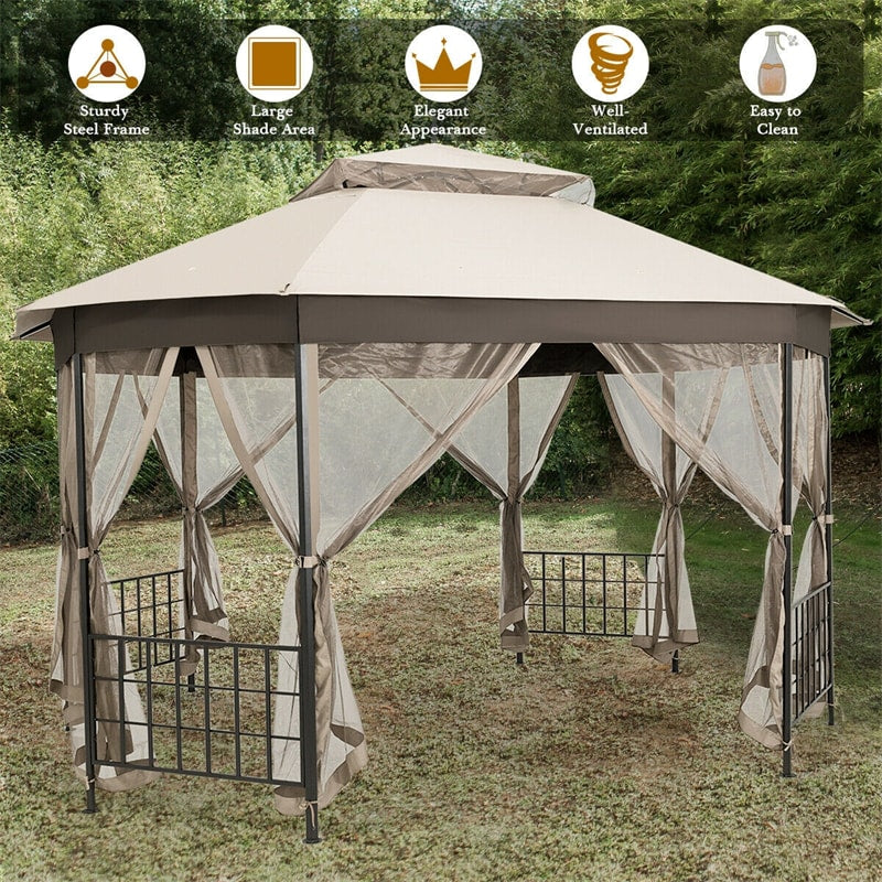 10’ x 12’ Patio Gazebo Canopy Heavy Duty Octagon Outdoor Gazebo with Netting Sidewalls & 2-Tier Ventilated Roof