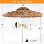 10FT Thatched Patio Umbrella with 32 LED Lights, 2 Tier Hawaiian Style Grass Beach Umbrella 8 Ribs Outdoor Solar Tiki Umbrella, Tilt Adjustment