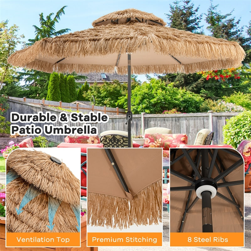 10FT Thatched Patio Umbrella with 32 LED Lights, 2 Tier Hawaiian Style Grass Beach Umbrella 8 Ribs Outdoor Solar Tiki Umbrella, Tilt Adjustment