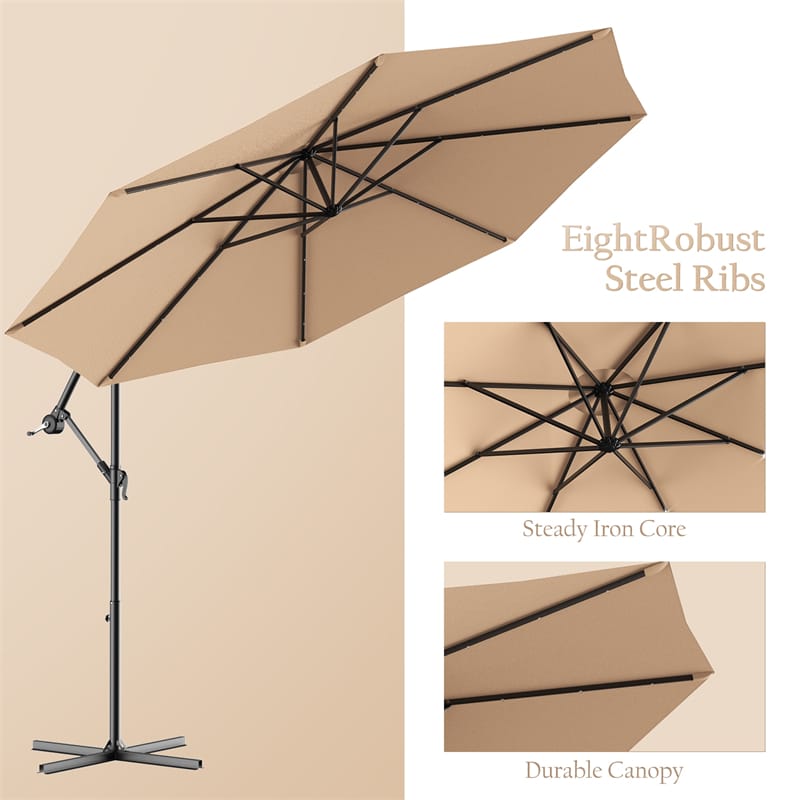 10' Solar LED Offset Patio Umbrella Hanging Market Umbrella Sun Shade with Heavy-Duty Cross Base