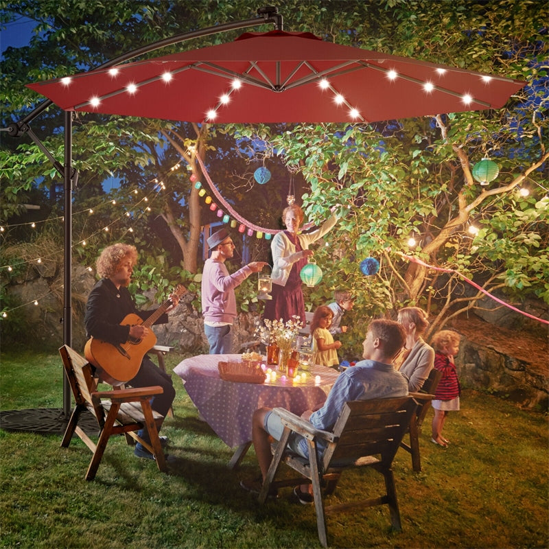 10' Solar LED Offset Patio Umbrella Hanging Market Umbrella Sun Shade with Heavy-Duty Cross Base