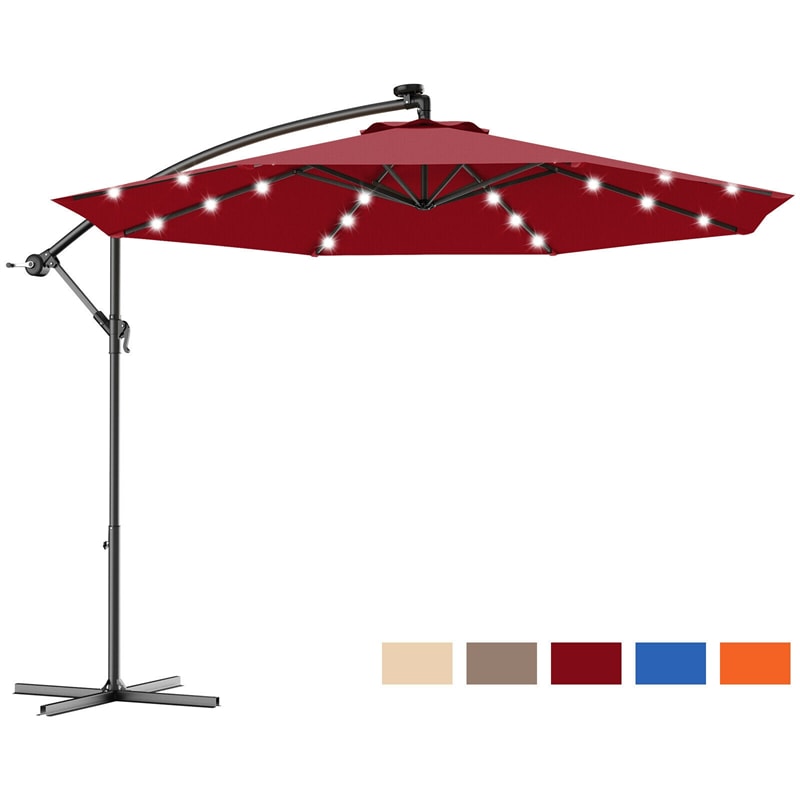 10' Solar LED Offset Patio Umbrella Hanging Market Umbrella Sun Shade with Heavy-Duty Cross Base