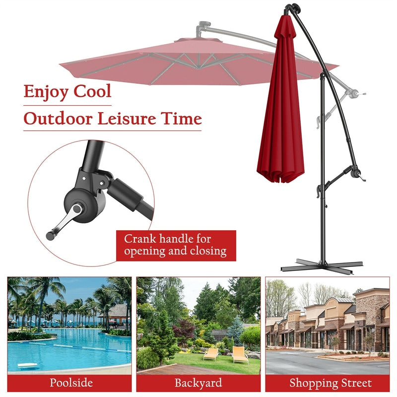 10' Solar LED Offset Patio Umbrella Hanging Market Umbrella Sun Shade with Heavy-Duty Cross Base