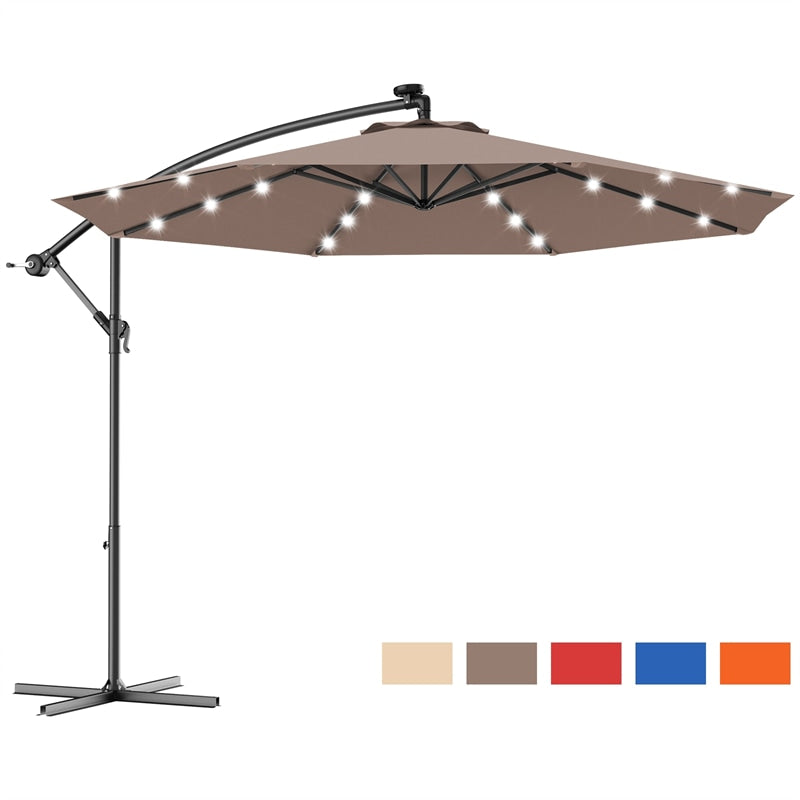 10' Solar LED Offset Patio Umbrella Hanging Market Umbrella Sun Shade with Heavy-Duty Cross Base