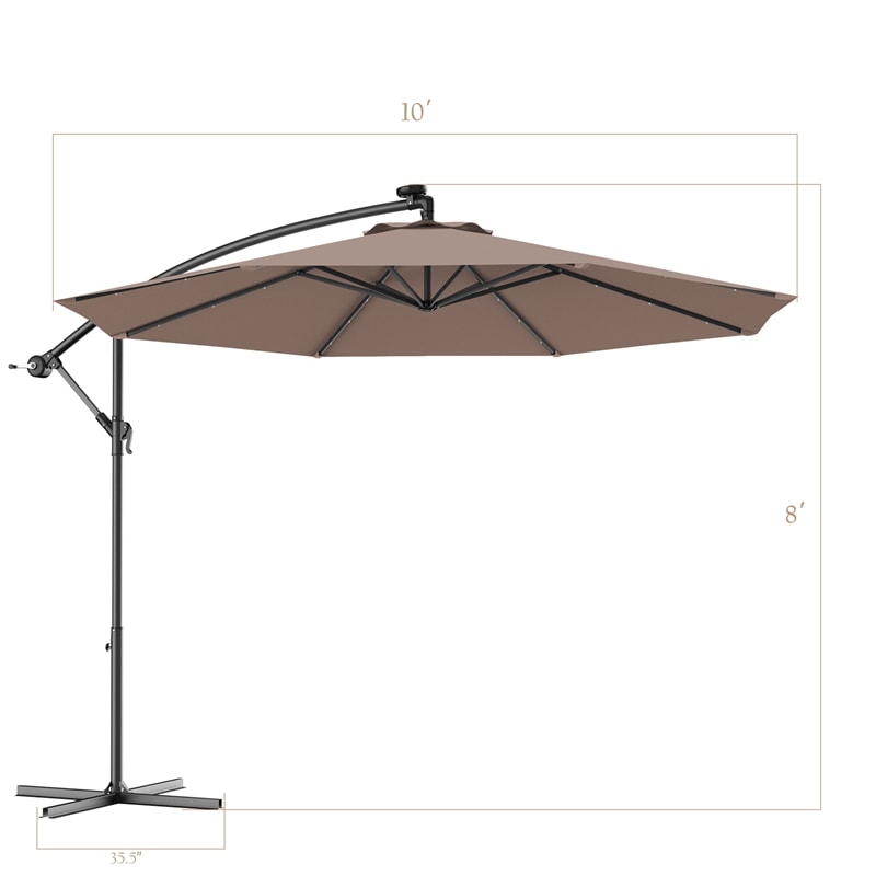 10' Solar LED Offset Patio Umbrella Hanging Market Umbrella Sun Shade with Heavy-Duty Cross Base