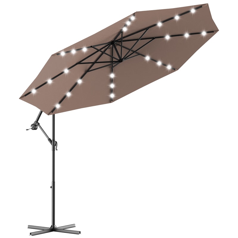 10' Solar LED Offset Patio Umbrella Hanging Market Umbrella Sun Shade with Heavy-Duty Cross Base