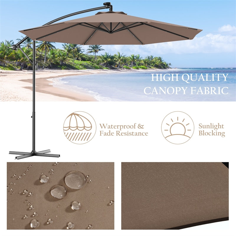 10' Solar LED Offset Patio Umbrella Hanging Market Umbrella Sun Shade with Heavy-Duty Cross Base