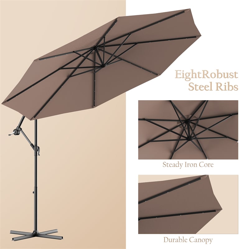 10' Solar LED Offset Patio Umbrella Hanging Market Umbrella Sun Shade with Heavy-Duty Cross Base