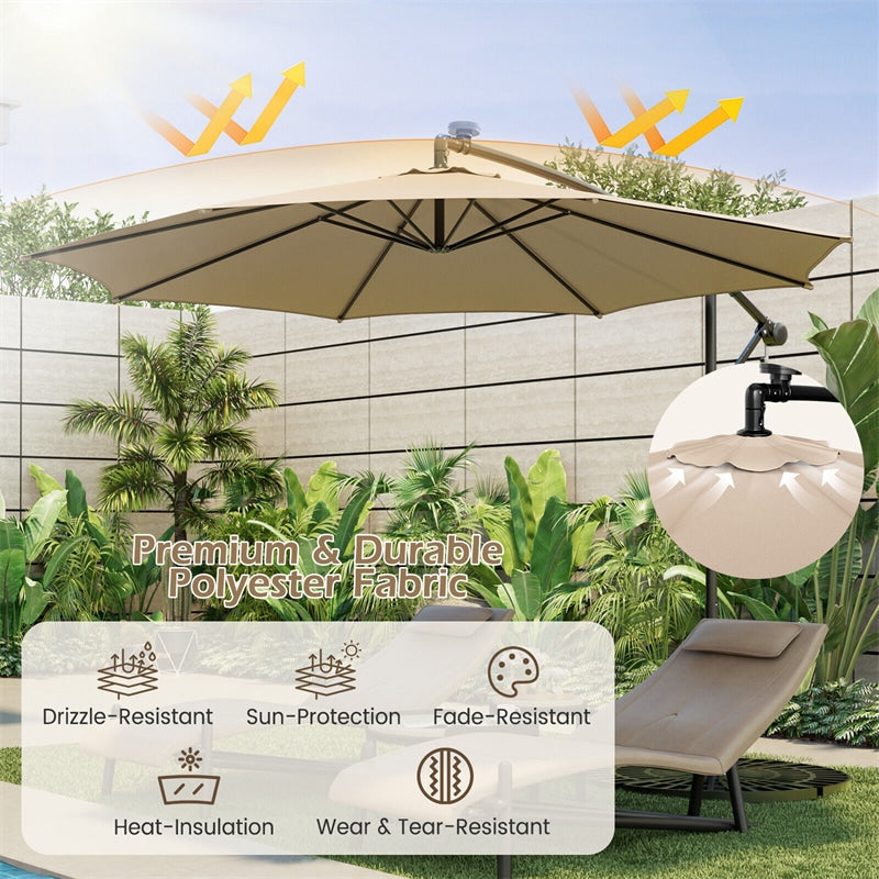 10FT Offset Cantilever Patio Umbrella with 112 Solar LED Lights & Adjustable Crank Tilt, 8 Ribs Outdoor Auto Tilt Market Umbrella