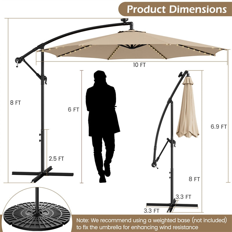 10FT Offset Cantilever Patio Umbrella with 112 Solar LED Lights & Adjustable Crank Tilt, 8 Ribs Outdoor Auto Tilt Market Umbrella