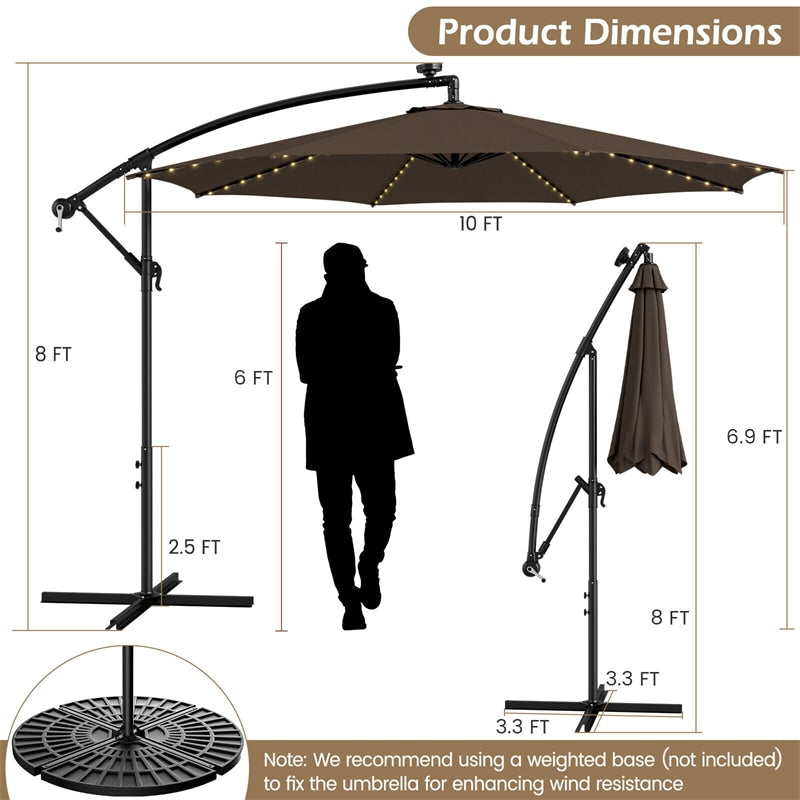 10FT Offset Cantilever Patio Umbrella with 112 Solar LED Lights & Adjustable Crank Tilt, 8 Ribs Outdoor Auto Tilt Market Umbrella