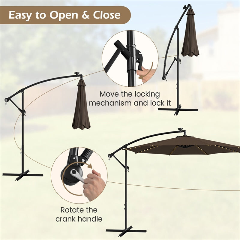 10FT Offset Cantilever Patio Umbrella with 112 Solar LED Lights & Adjustable Crank Tilt, 8 Ribs Outdoor Auto Tilt Market Umbrella