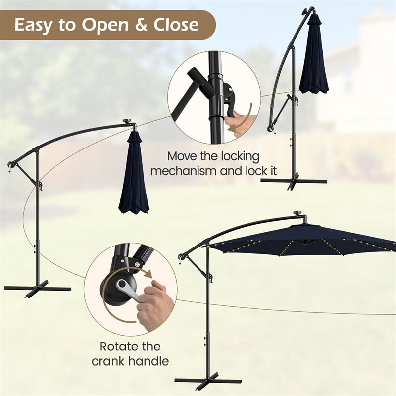 10FT Offset Cantilever Patio Umbrella with 112 Solar LED Lights & Adjustable Crank Tilt, 8 Ribs Outdoor Auto Tilt Market Umbrella