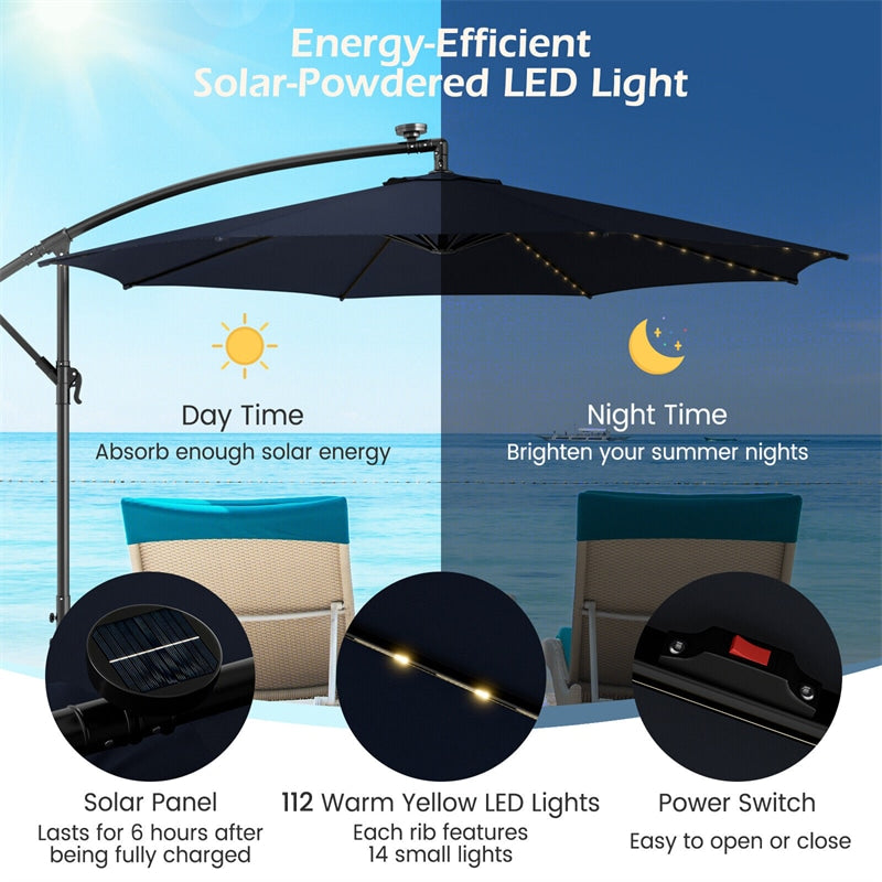 10FT Offset Cantilever Patio Umbrella with 112 Solar LED Lights & Adjustable Crank Tilt, 8 Ribs Outdoor Auto Tilt Market Umbrella