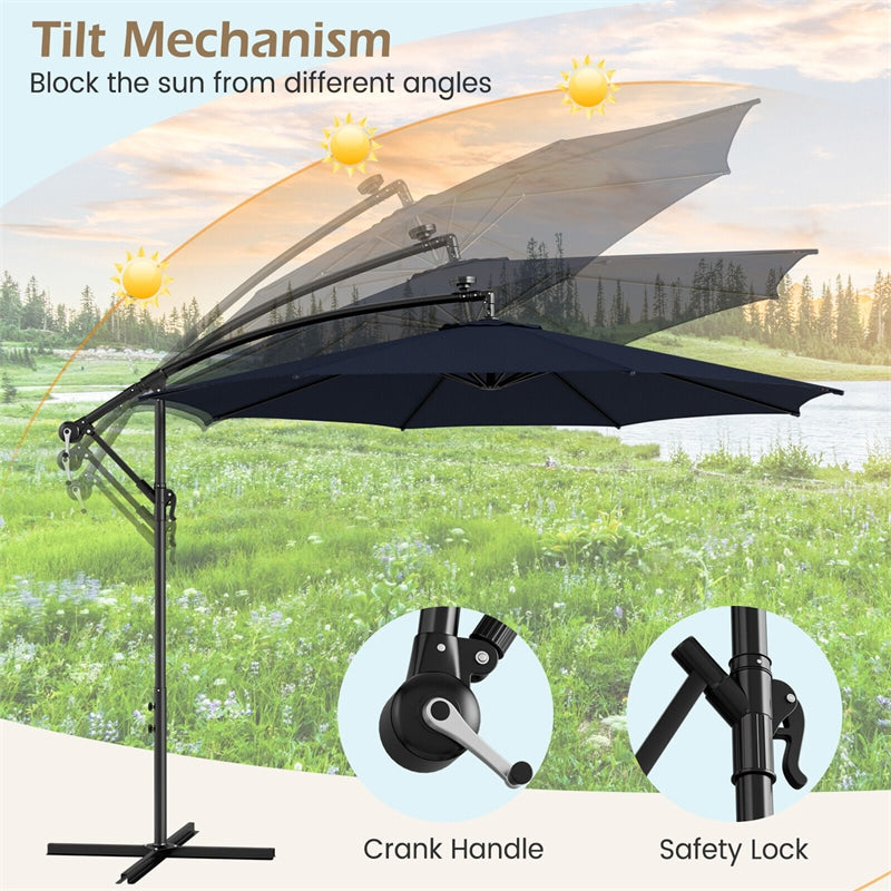 10FT Offset Cantilever Patio Umbrella with 112 Solar LED Lights & Adjustable Crank Tilt, 8 Ribs Outdoor Auto Tilt Market Umbrella