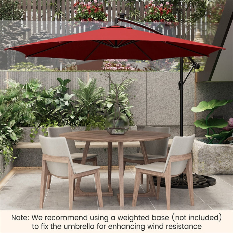 10FT Offset Cantilever Patio Umbrella with 112 Solar LED Lights & Adjustable Crank Tilt, 8 Ribs Outdoor Auto Tilt Market Umbrella