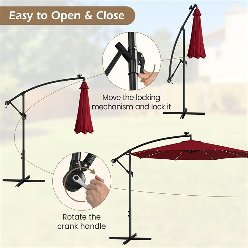 10FT Offset Cantilever Patio Umbrella with 112 Solar LED Lights & Adjustable Crank Tilt, 8 Ribs Outdoor Auto Tilt Market Umbrella